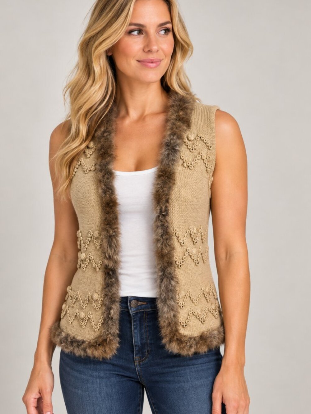 Michelle Nicole Women’s M Tan Knit Faux Fur Trim Embroidered Boho Vest